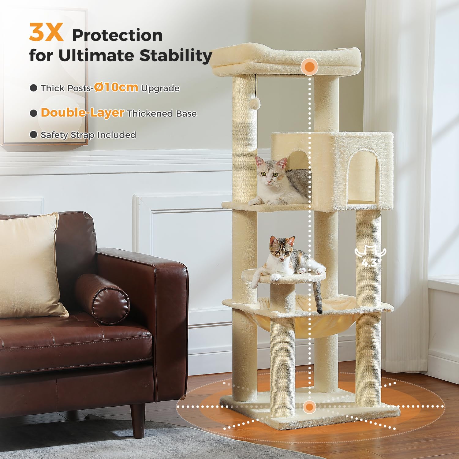 PAWZ Road Albero per gatti grande da 147 cm, con tiragraffi ispessiti (φ3,7 pollici) per gatti adulti di grandi dimensioni, 13,6 kg, centro attività multi-livello con struttura in metallo, amaca e