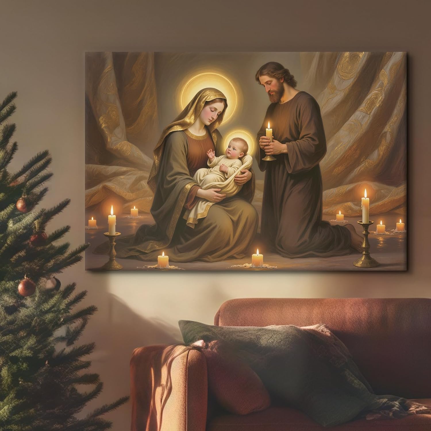 Craftline - Vintage Religious Christmas Jesus Canvas Wall Art, Holy Family with Candles The Nativity Story Pictures Christian Painting Prints Santa Gifts 16x12 Poster for Living Room Prayer Room