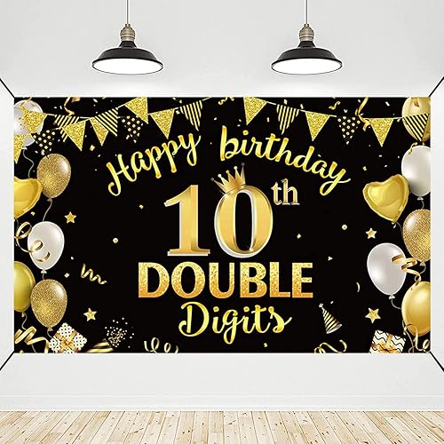Pancarta de fondo de 10 cumpleaños de doble dígito, color negro y dorado, decoración de cumpleaños de 10 años, fondo para fiesta de cumpleaños de 10