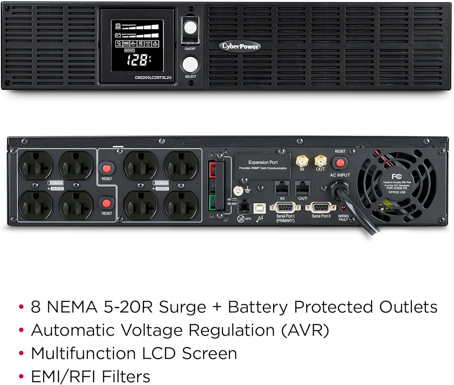 CyberPower OR2200LCDRTXL2U Smart App LCD UPS Battery Backup and Surge Protector, 2100VA/1650W, 8 Outlets, AVR, 2U Rack/Tower, UL Certified