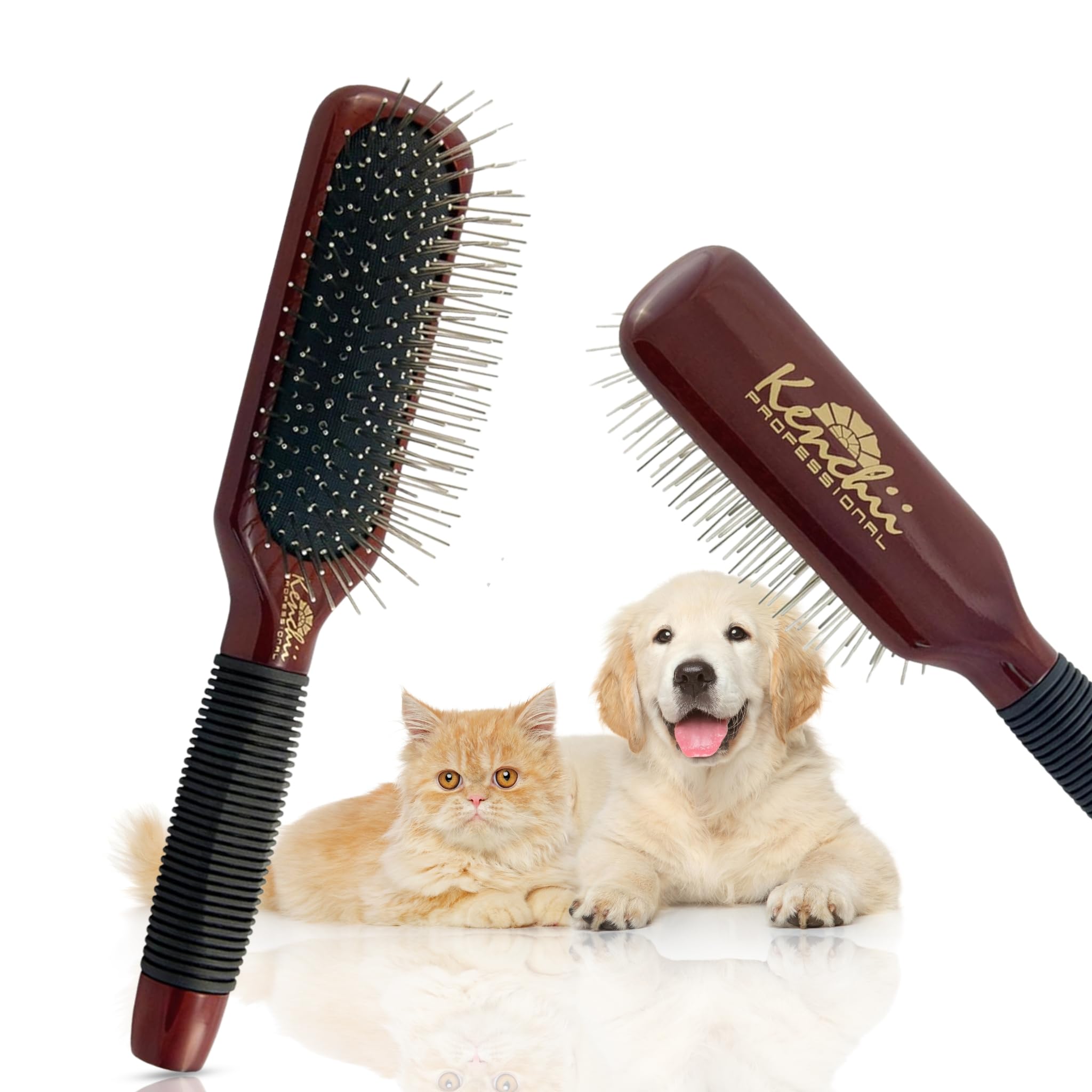 KenchiiPet Grooming Metal Pin Brush | Solid Wood, Non-Slip Grip Detangling and Shedding Tool for Long or Short Haired Pets - Large Oblong Size