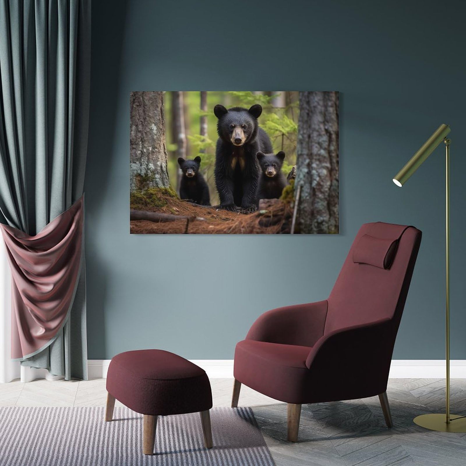 Junmoney Black Bear With Cubs Wall Decor Canvas Print, 24x36inch(60x90cm), for Living Room, Bedroom, Office Or Hallway, Stylish Home Artwork for Focal Walls