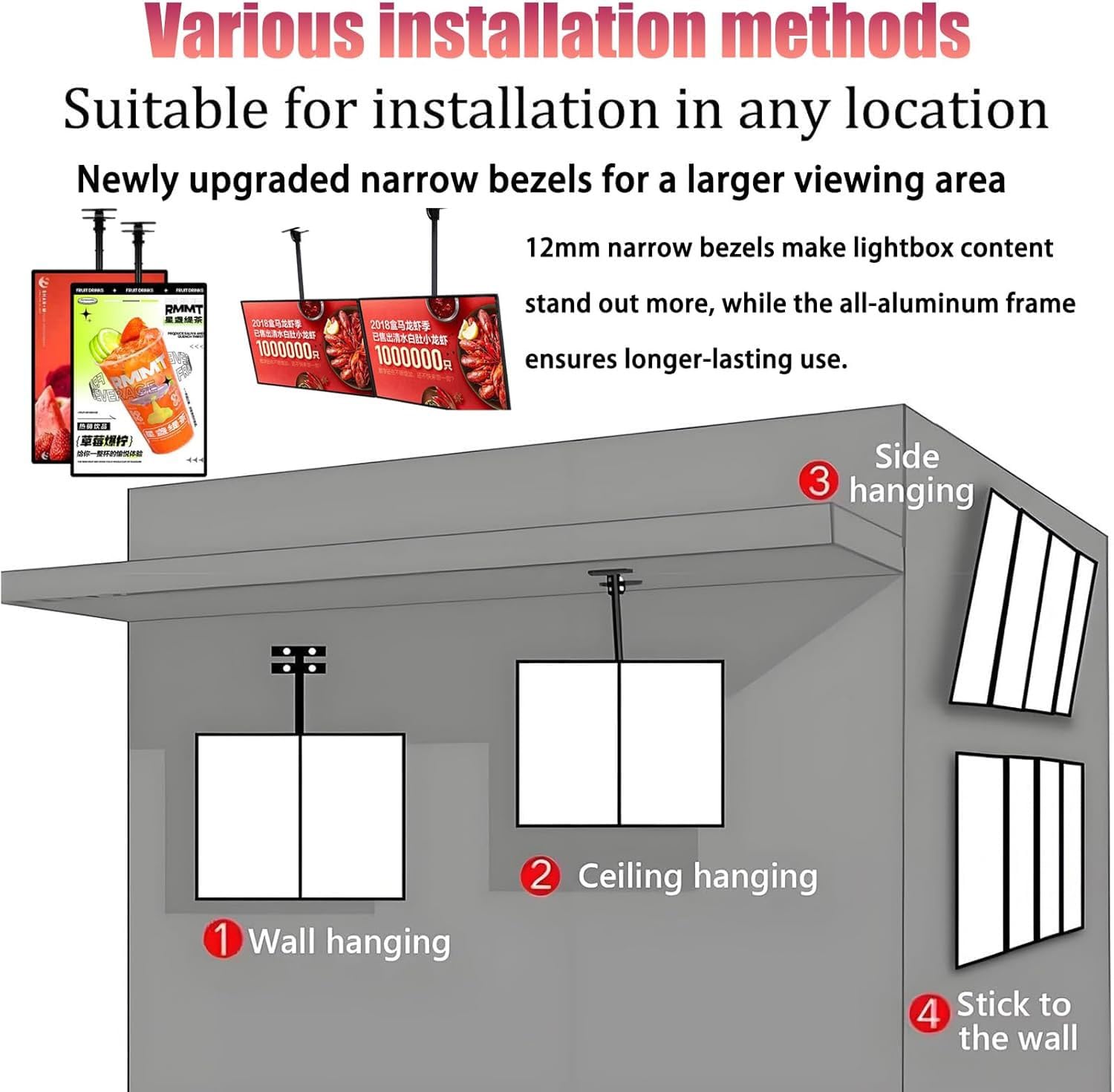 Boîte lumineuse LED pour affiches, cadre lumineux ultra fin, affichage mural, pour entreprise, magasin de détail et restaurant (vertical, 30 x 40 cm)