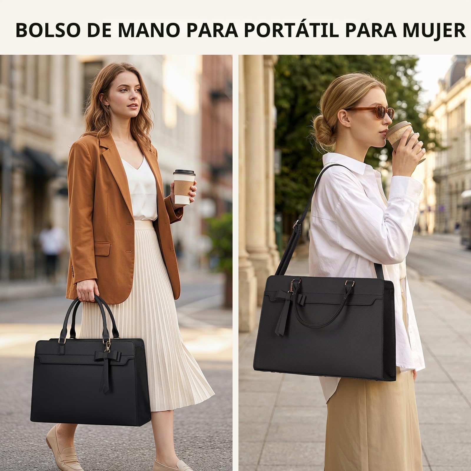 RAINSMORE Bolso Grande Mujer Cuero PU Shopper Impermeable Portatil Ordenador 15.6 Pulgadas Tote 2 Piezas para Universidad Oficina Trabajo Negro