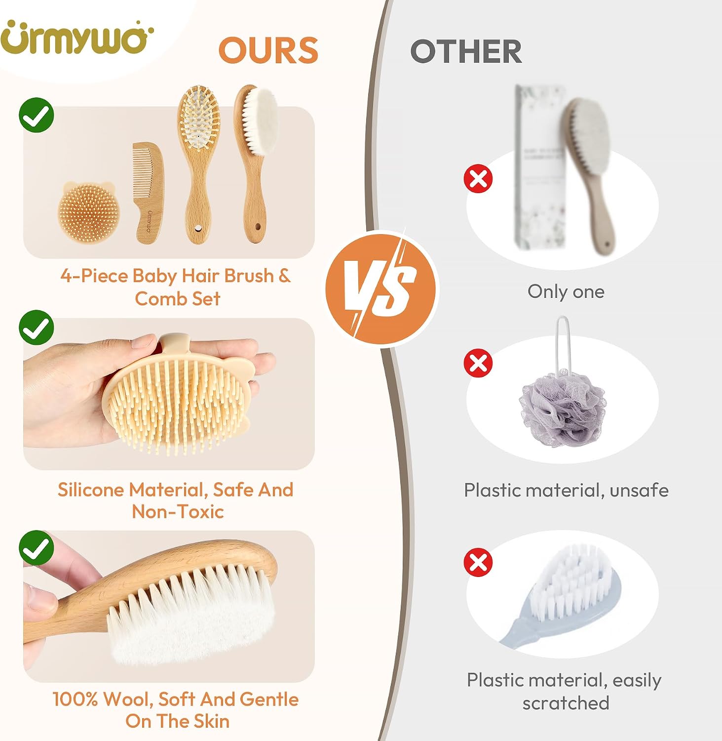 Baby Brush and Comb Set – 4 Piece Wooden Soft Bristle Hairbrush for Newborns, Baby Brush for Cradle Cap – Essentials Care Kit – Baby Shower Gift for Boys & Girls