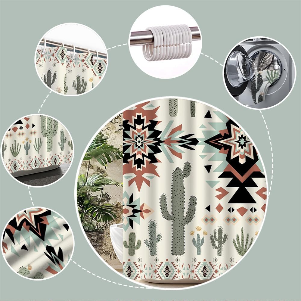 Western Aztec Cactus Shower Curtain Southwestern Boho Desert Tribal Geometric Ethnic American Bath Curtain Fabric Bathroom Accessories Decor with Hooks 90W x70L