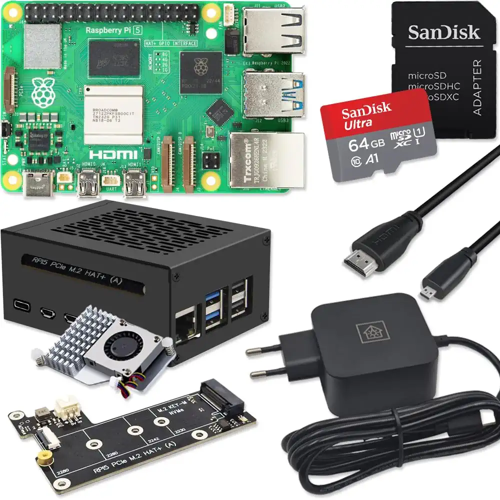 Raspberry Pi 5 8GB PCIe M.2 NVMe - Kit | Metallgehäuse | Active Cooler | M.2 NVMe SSD PCIe Board | USB-C 27W Netzteil | Ultra 64GB SD Karte | 4K Micro HDMI Kabel