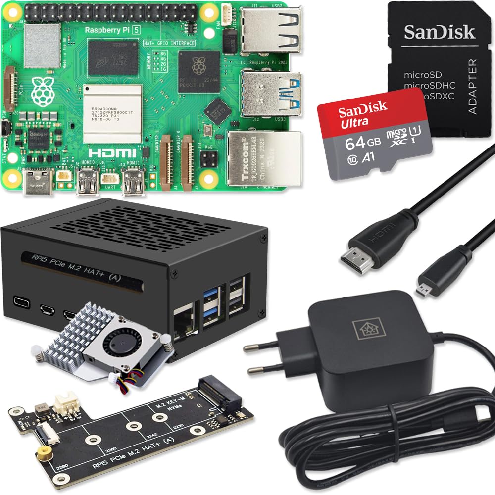 Raspberry Pi 5 8 GB PCIe M.2 NVMe – Kit | Carcasa de metal | Active Cooler | M.2 NVMe SSD PCIe Board | Fuente de alimentación USB-C 27W | Tarjeta SD Ultra 64GB | Cable Micro HDMI 4K | Ideal para Home