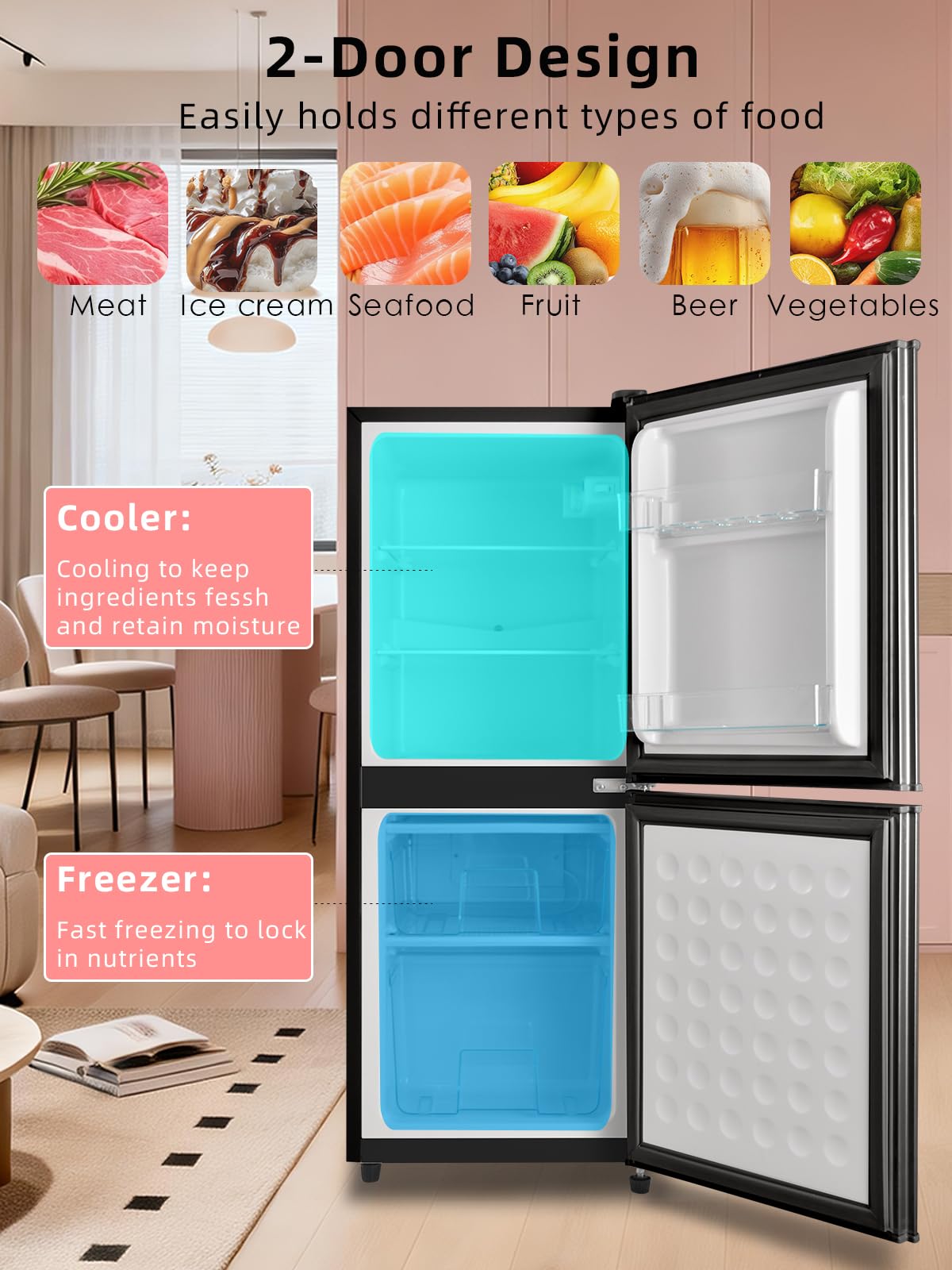 Krib Bling 4.0 Cu.Ft Refrigerator With Freezer, 2 Doors Fridge With Adjustable Thermostat Control, Refrigerator For Kitchen, Dorm, Apartment, Garage, Office, Black on Fridge.com - View 5