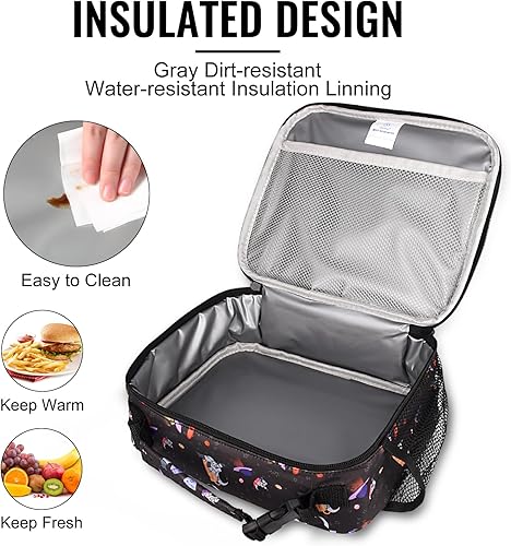 Miniatura 5 de Genteen Bolsa de almuerzo aislada, bolsa de almuerzo con estampado infantil, doble cremallera y bolsillo lateral, bolsa suave duradera y bolsa de