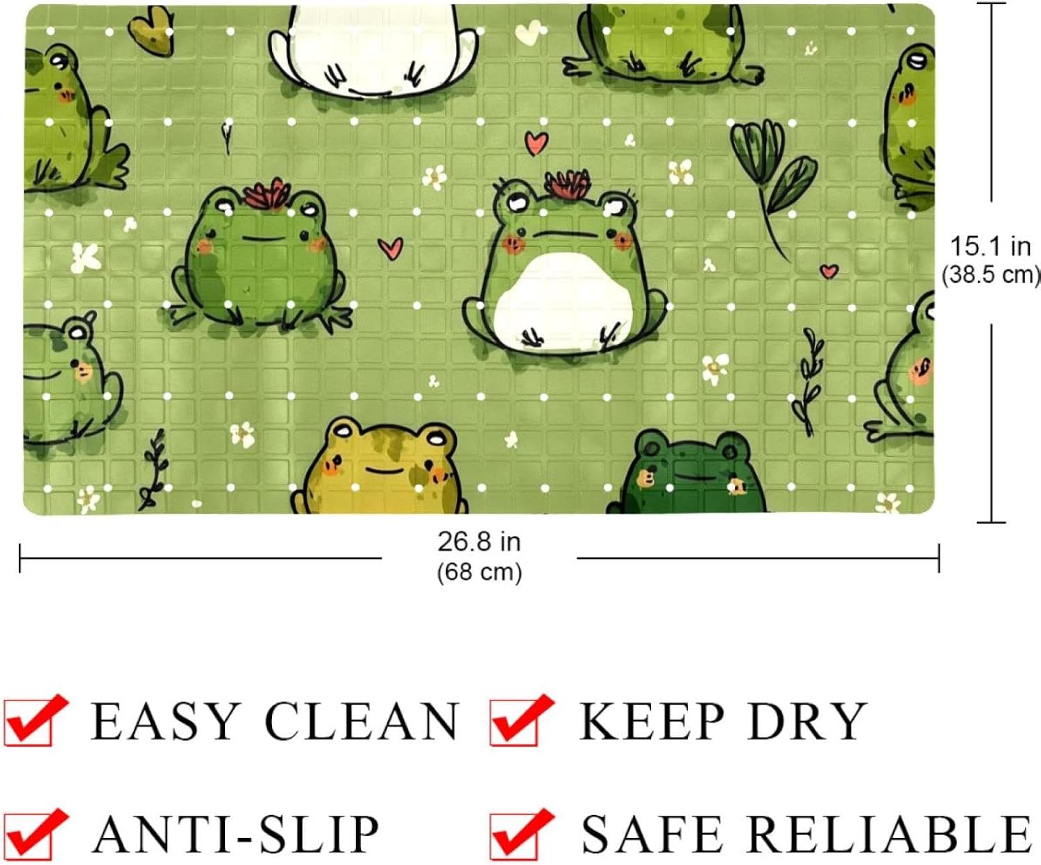Summer Doodle Frogs Cartoon Style Bath Tub and Shower Mats, Non Slip Bathmat with Drain Holes and Suction Cups for Bathroom Floor, 15.1 x 26.8 Inch