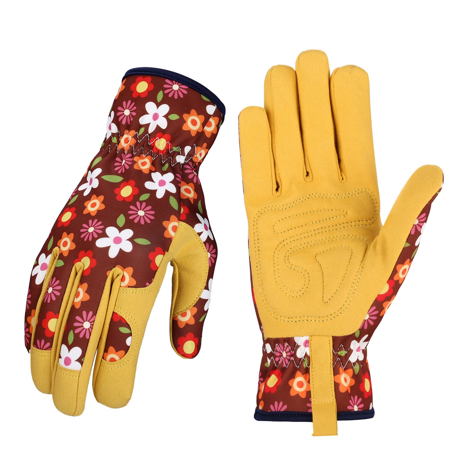 Guantes de jardinería de cuero para mujer, guantes de trabajo para deshierbe, excavación, plantación, rastrillar y poda (marrón+amarillo)