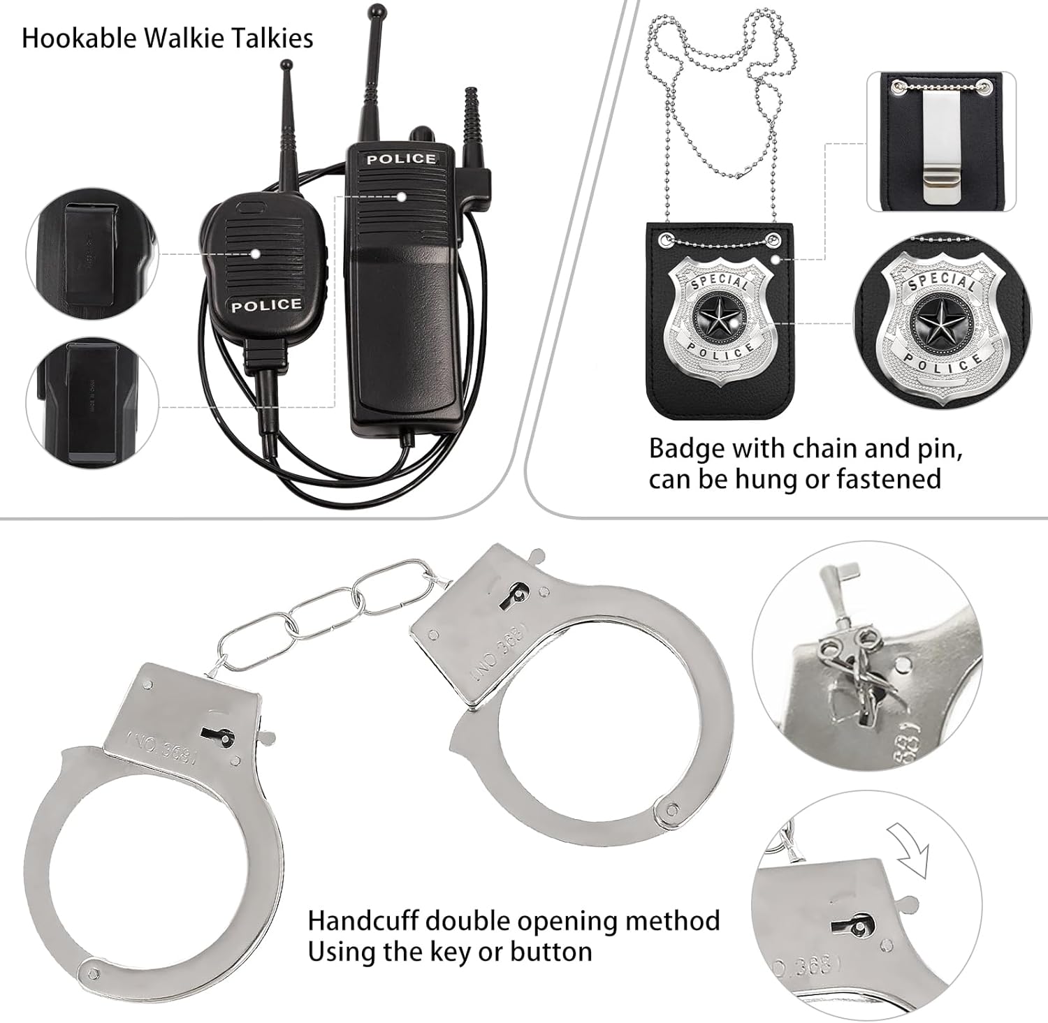 6PCS Police Costume Accessories for Girls Boys with Walkie Talkies Handcuffs Badge Eyeglasses Baton Whistle (Black) - Image 4
