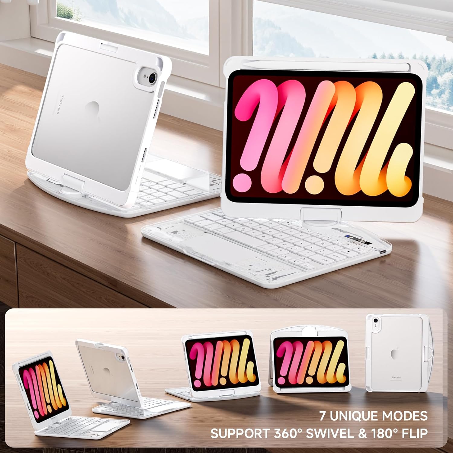Transparent Case with Keyboard for iPad mini 7 A17 Pro(2024) & Mini 6 (2021) 8.3",7-Color Backlit,Wireless Keyboard, 360°Rotating,with trackpad,Pencil Holder,with Shortcuts,White