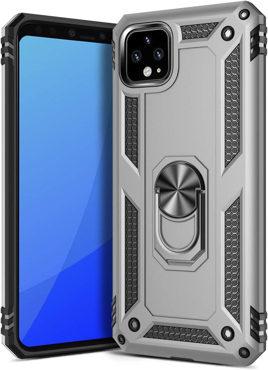 GREATRULY Ring Kickstand Phone Case for Google Pixel 4 XL (2019),Heavy Duty Dual Layer Drop Protection Case,Hard Shell + Soft TPU + Ring Stand Fits Magnetic Car Mount,Silver