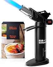 EurKitchen Butane Torch Lighter with Gauge - Kitchen Torch - Refillable Cooking Torch - Torch au Butane - Creme Brulee Torch with Safety Lock, Adjustable Flame, Guard - Butane Gas not Included