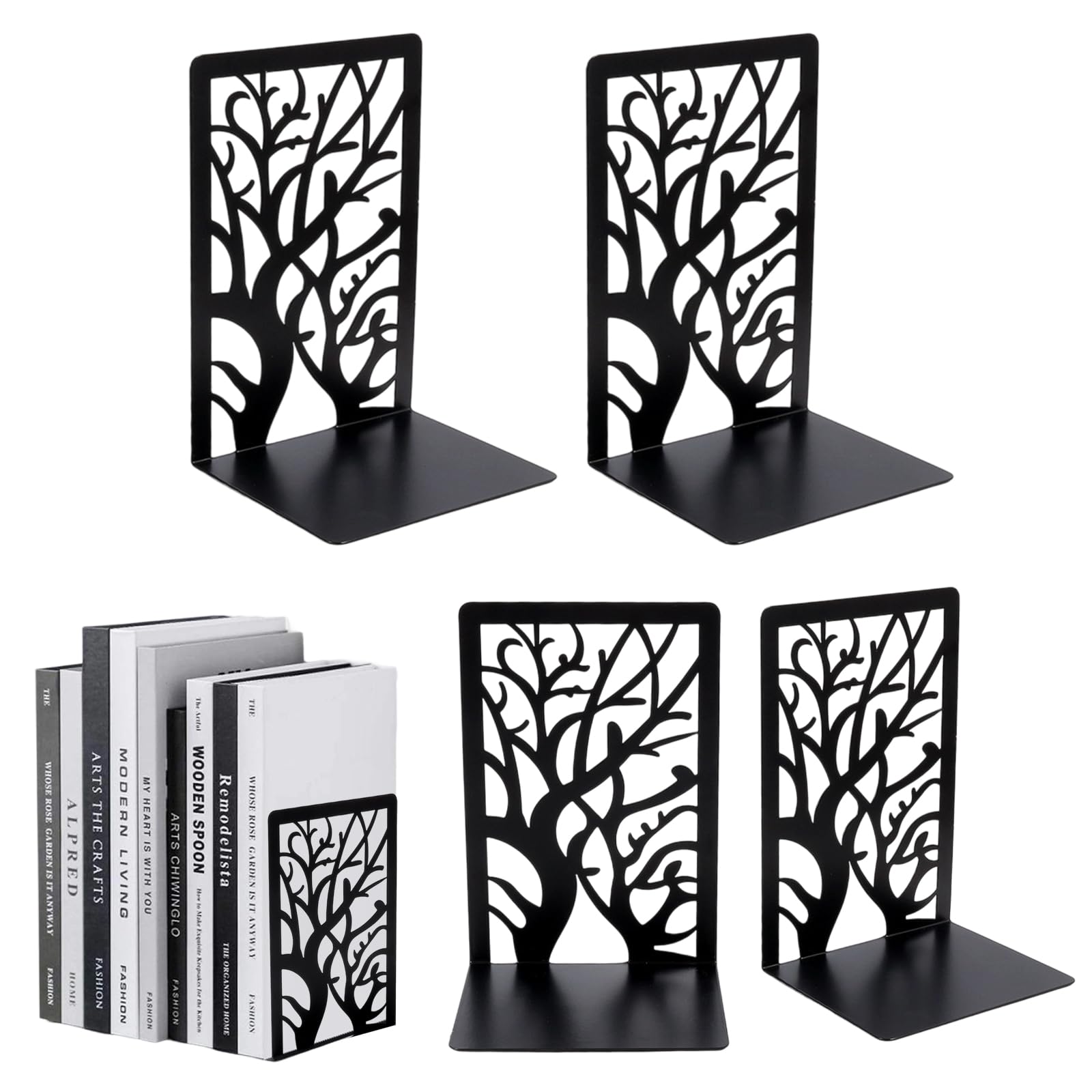 Sturdy Tree Design Metal Bookends Non-Slip Heavy Duty Book Stopper 2 Pair