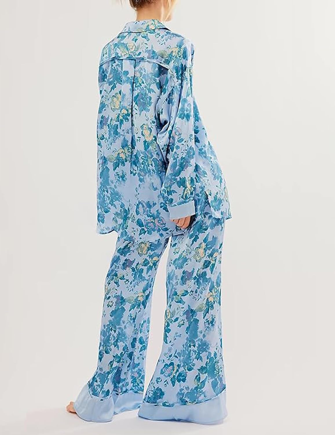 Women Satin Pajamas Set 2 Piece Western Cowgirl Silk Pjs Long Sleeve Floral Pjs Wide Leg Pants Button Down Loungewear - Image 5