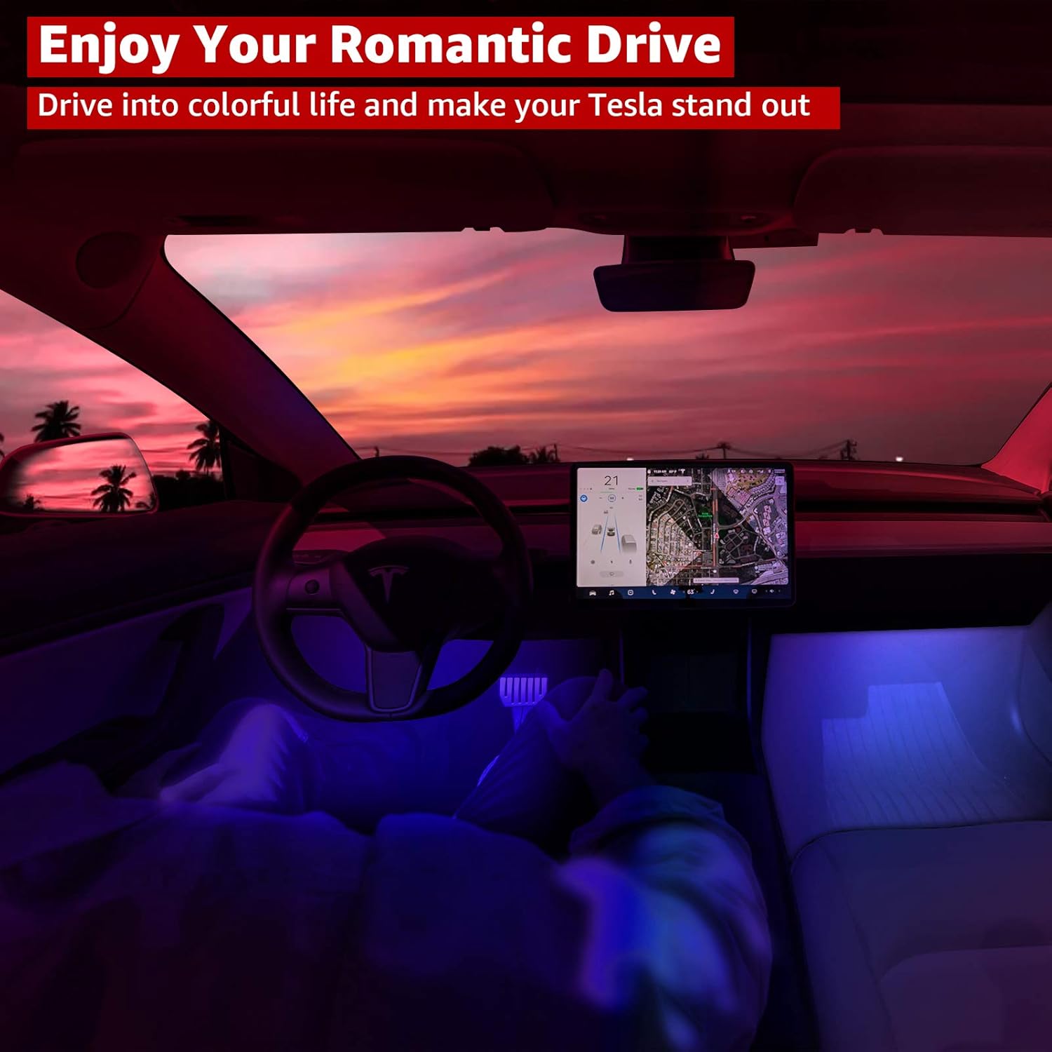 Tesla Model Y Model 3 Front and Rear Footwell Lights Interior Neon Light RGB LED Strip Lights with App Controller (Not Fit Model 3 Standard Model ) : Automotive