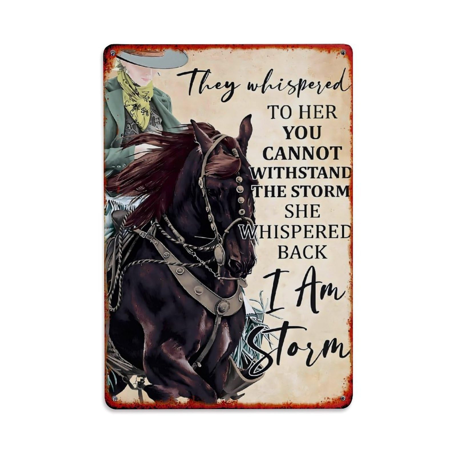 Cowgirl On Horse Storm Quote Retro Metal Tin Sign, Vintage Metal Poster for home, Gaming Room, Studio Workshop,Bar,Garage Wall Art Decor 8x12 Inch