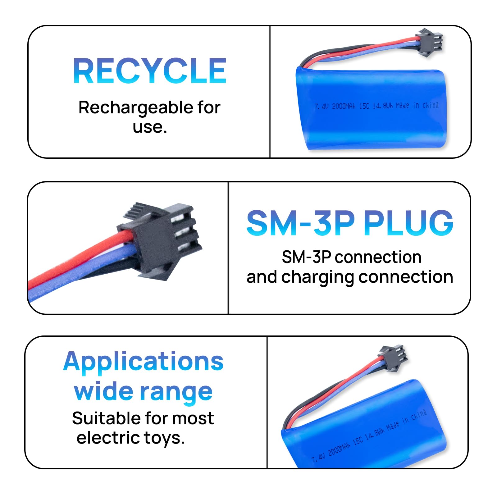 Lot de 2 batteries haute performance 7,4 V 2000 mAh 15C 2S avec connecteur SM-3P avec 2 chargeurs USB pour voitures télécommandées, camions RC et bateaux RC