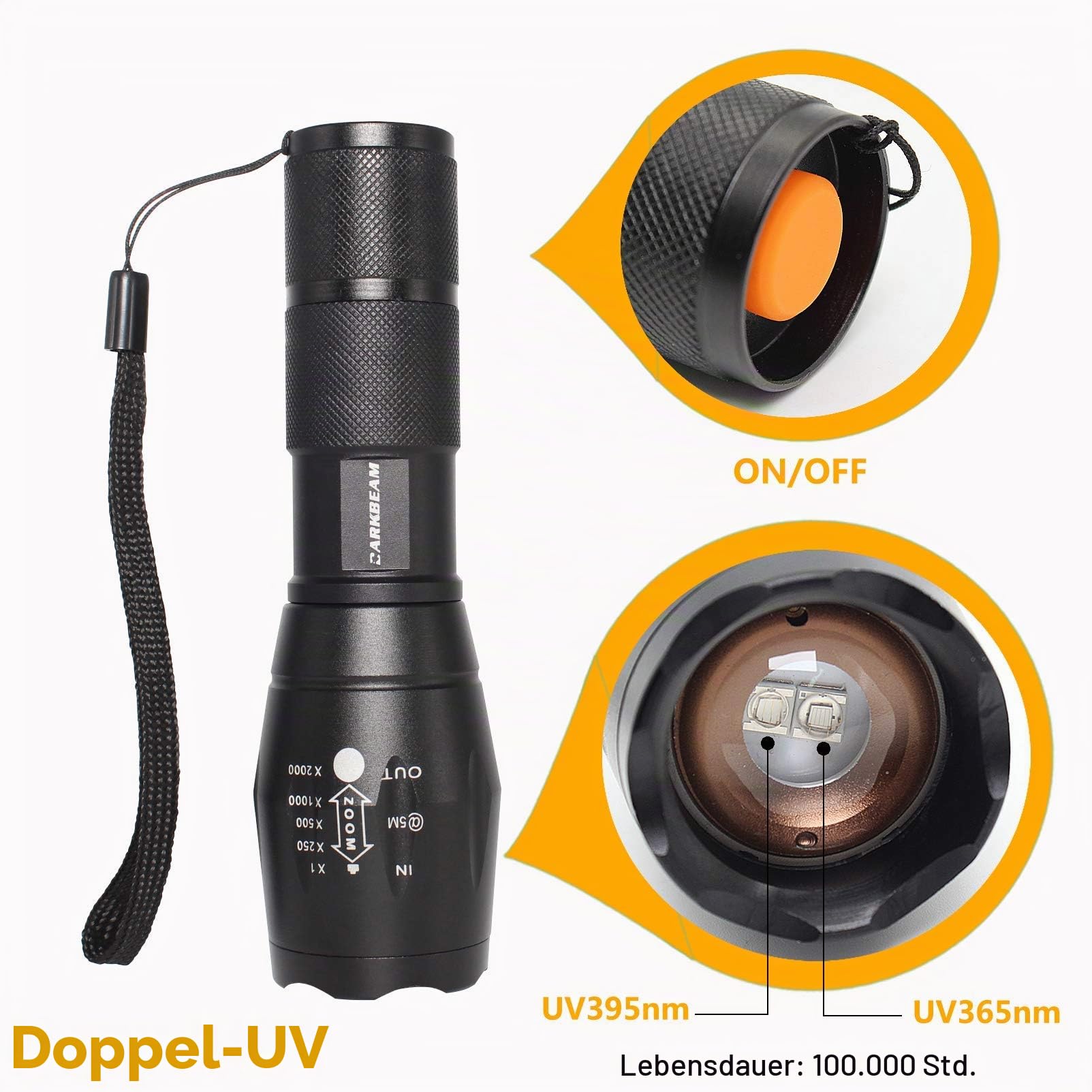 DARKBEAM Taschenlampe Doppeltes UV Licht 365nm & 395nm Wiederaufladbare, Woodsche Lampe Schwarzlichttaschenlampen Mini Hand LED Ultraviolett Licht, Heimtierurindetektoren, Bernstein, Resin, 1 Stück