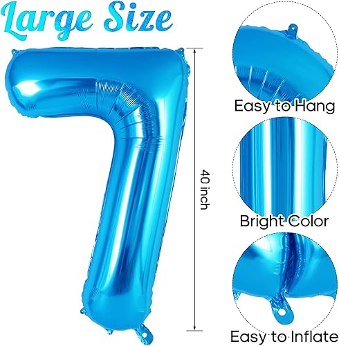 Miniatura 3 de Globo azul del número 7 de 40 pulgadas, globos grandes de aluminio con helio, globos gigantes gigantes de Mylar número 7 para fiestas de cumpleaños