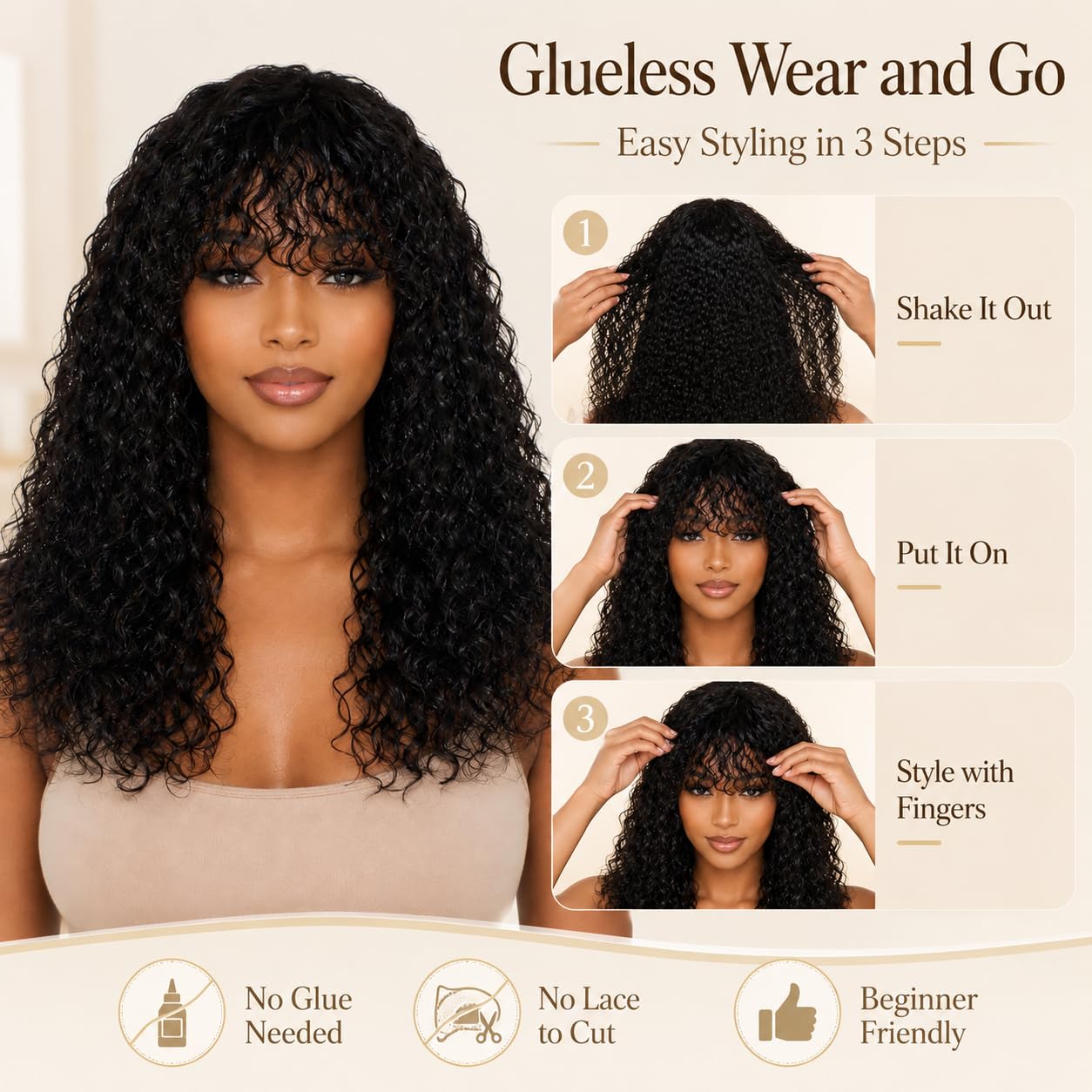 Wig with Bangs 22 Inch Deep Wave Wig with Bangs Wet and Wavy Glueless Non-Lace Front Wig Machine Made Curly Human Hair Wigs 150% Density Brazilian Virgin Hair for Women Natural Black