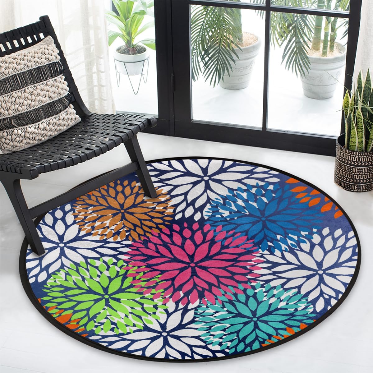Round Rug 5ft Art Flower Blue Indoor Circle Area Circle Rugs Washable Non-Slip Bedside Indoor Doormat for Living Room Bedroom Playroom Nursery Room Decor Carpet Mat Splat Mat for High Chair