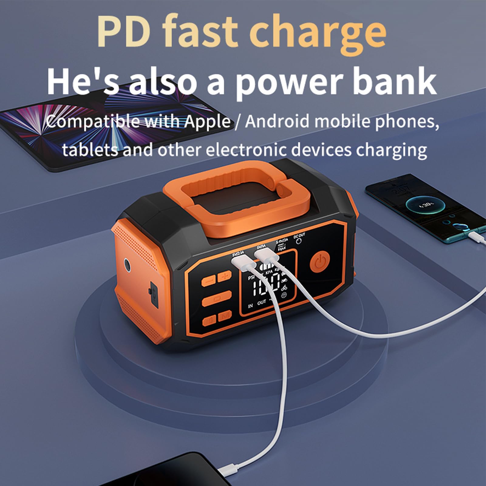 FTVOGUE Arrancador Portátil de BateríA, Compresor de Aire 10000 MAh 600 A Pico, for Arranque de Emergencia y Inflado (Orange)