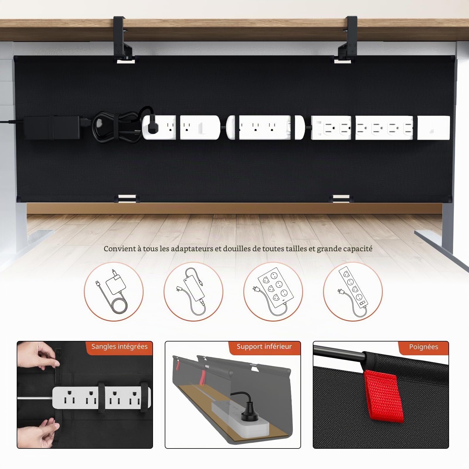 Univivi Plateau de gestion des câbles sous le bureau, 121,9 cm, sans perçage, pour la gestion des fils, organiseur de cordons à pince/vis, panier de câbles en tissu imperméable robuste pour bureau et