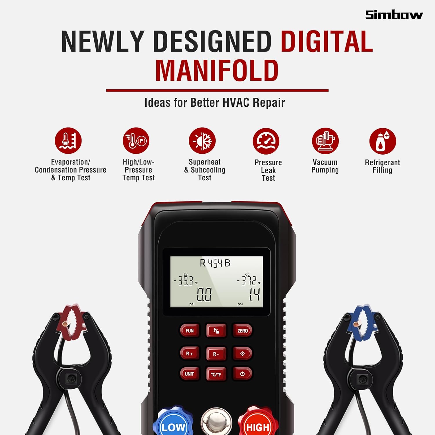 Digital Manifold Gauge, AMF-300 Digital AC Gauge Set HVAC Gauges with Super Soft 3000 Psi Air Hose Strong Biting Force Temperature Clamp for HVAC System Install Tool A2L R454B R-32 R-1234yf