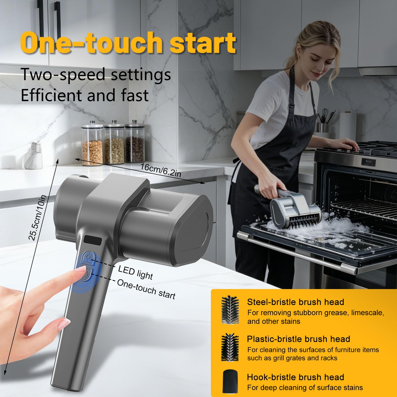 Spazzola Elettrica per Barbecue con Paraspruzzi, 2 Velocità, Luce LED, 3 Testine Intercambiabili – Potente Pulizia per Tutte le Griglie – Pulisci Griglia Bbq Elettrico, Grill Brush Elettrico