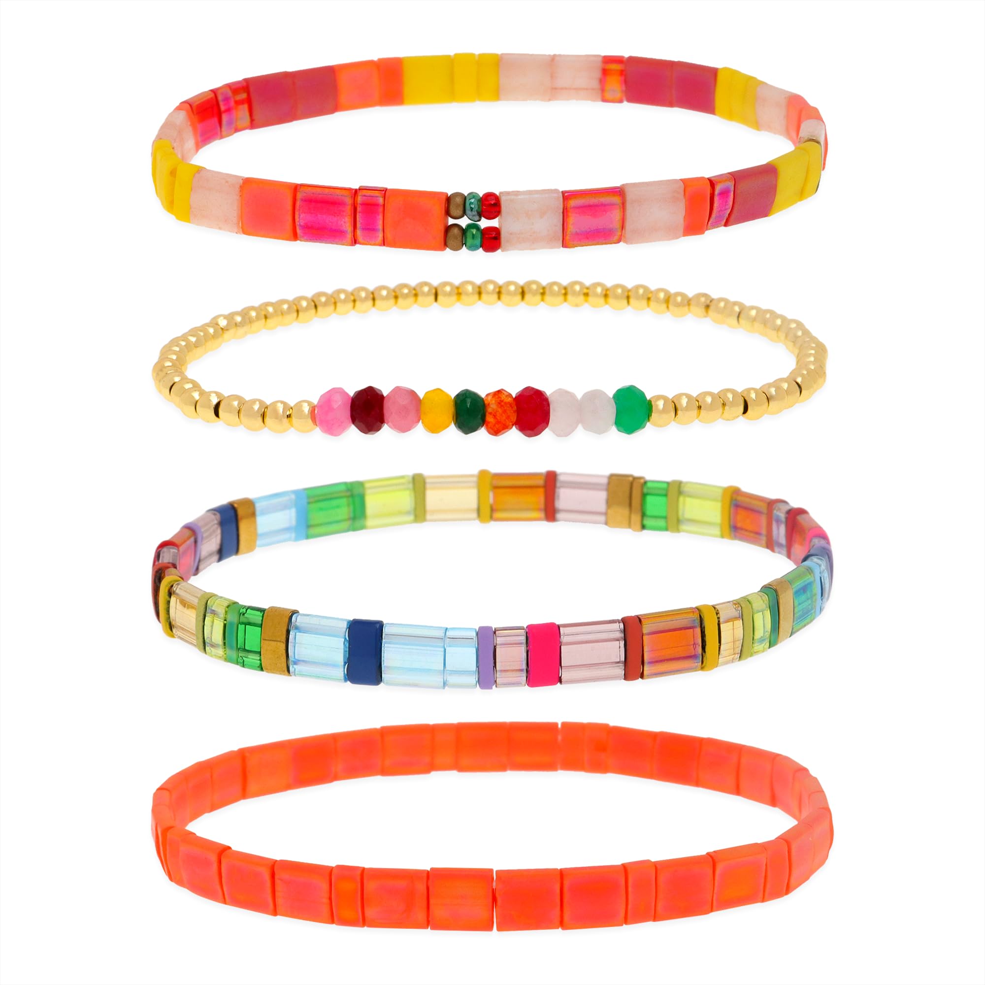 BXDA Tila Flat Miyuki Glass Beads Stack Bracelets Set for Women, Boho Colorful Handmade Gold Beaded Gemstone Stretch Festive Holiday Accessories