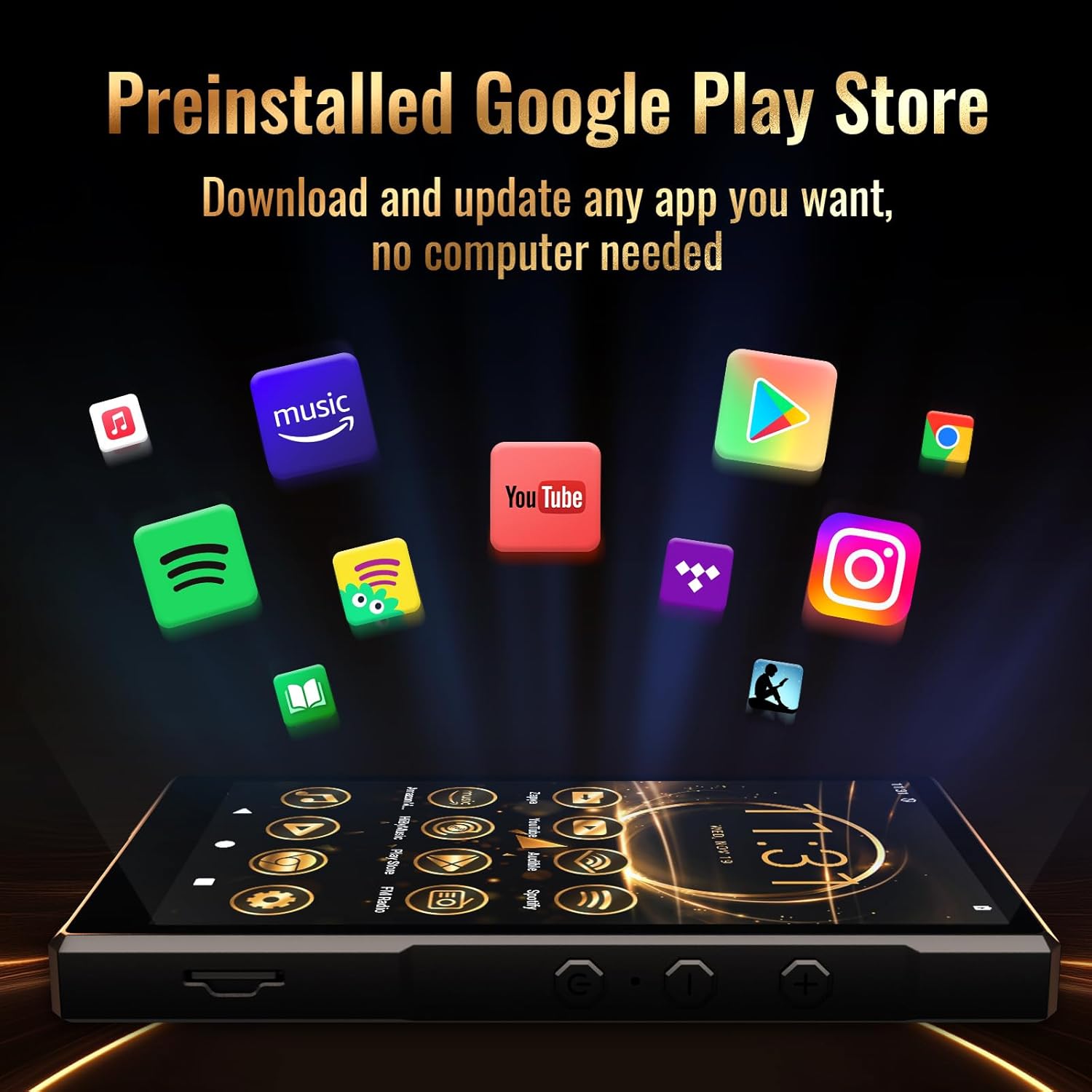 Luoran N2 MP3 Player displaying home screen with various app icons