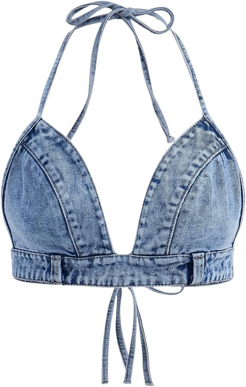 SHENHE Women's Denim Halter Top Tie Backless Triangle V Neck Sexy Jean Crop Top Country Western Bustier