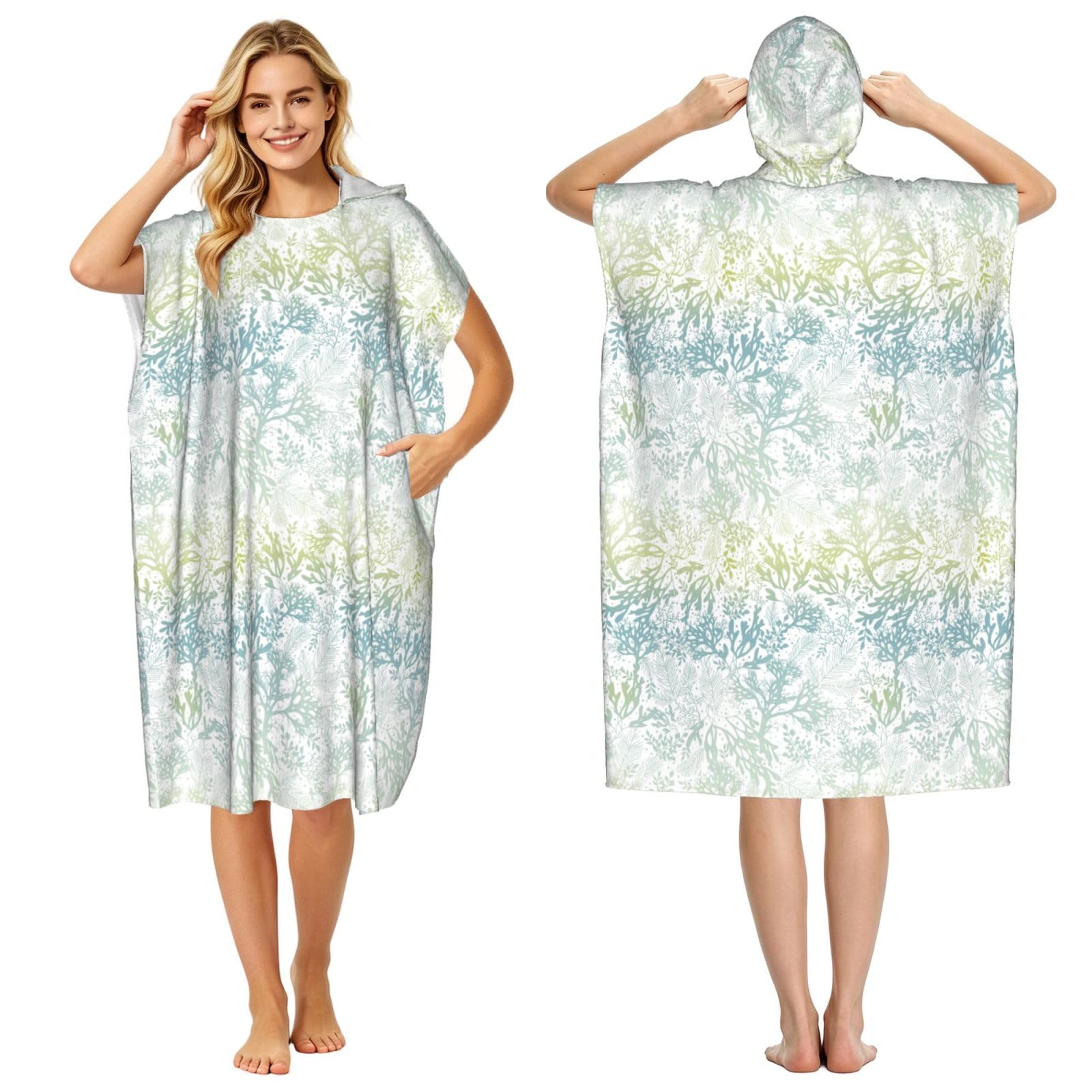 Poadnly Green Sea Blue Seaweed, Adult Hooded Beach Towel 90 x 110 cm,Changing Bath Robe, Surf Poncho Towel For Women Men