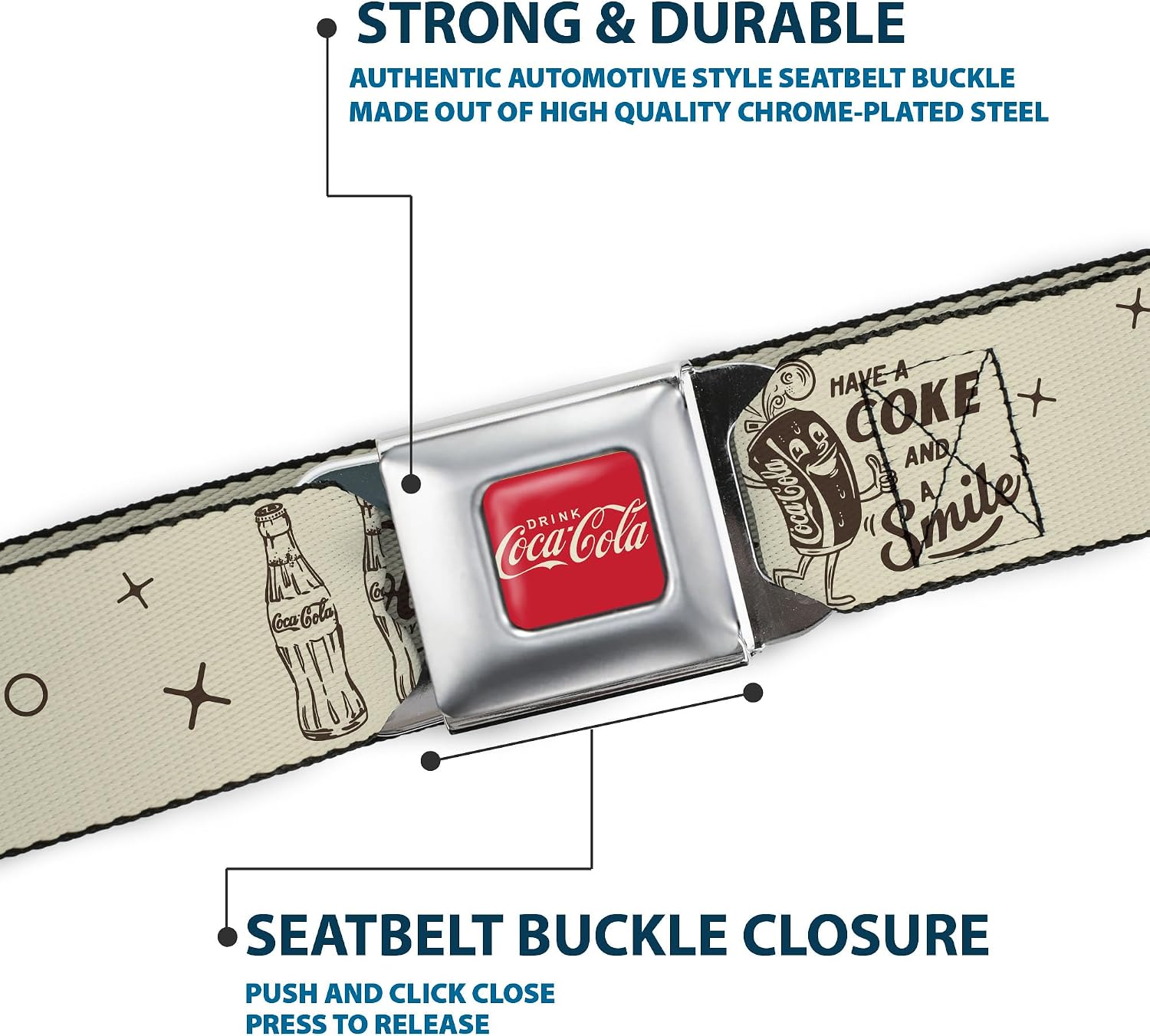 The Coca-Cola Company Belt, Seatbelt Buckle Belt, Vintage Coca Cola Coke Icons and Ad Logos White Brown, Adjustable