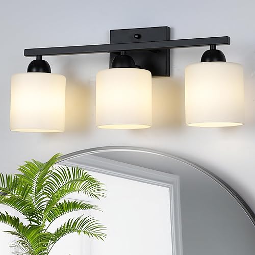 Luces de tocador de vidrio de leche para baño, 3 luces de baño negro mate sobre espejo, enchufes E26 de cerámica montados en la pared disponible en Yaxa Costa Rica