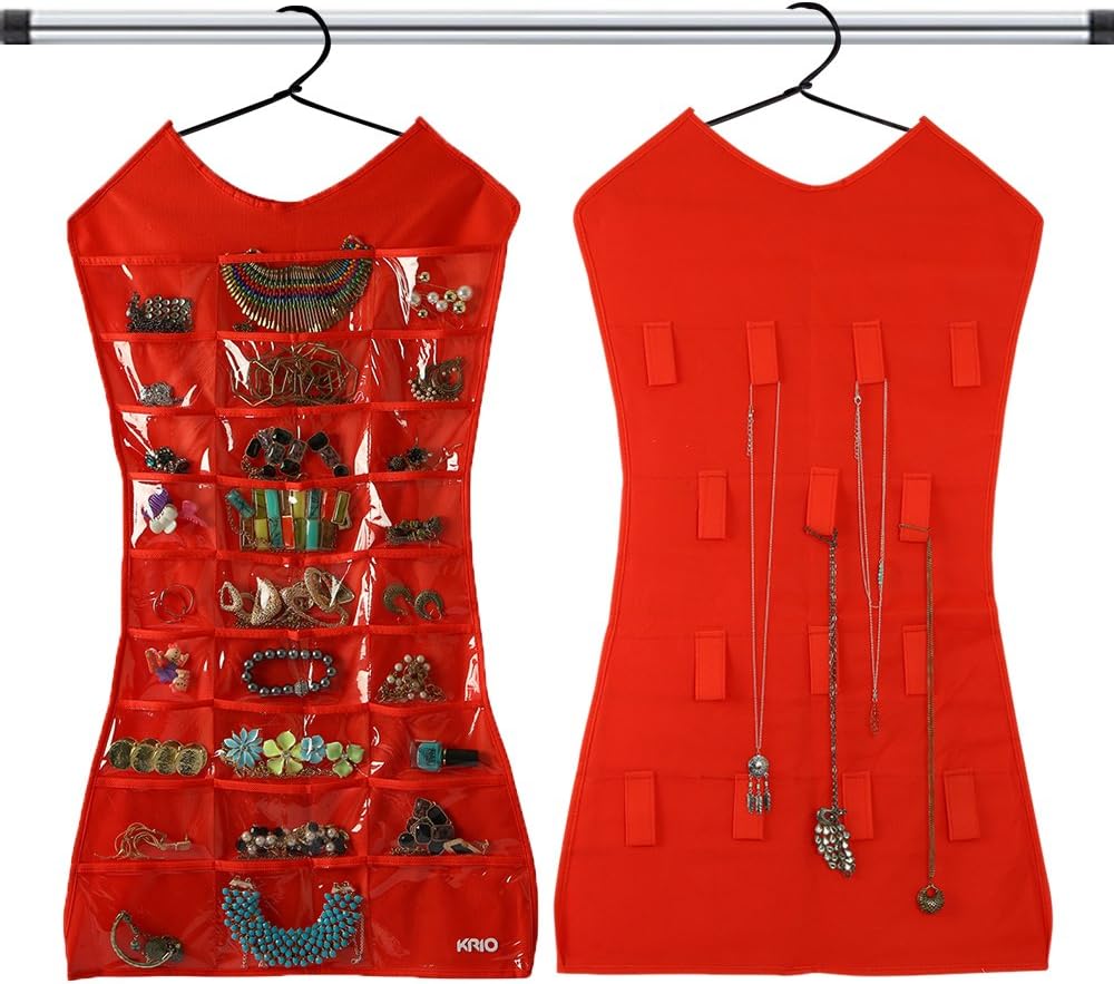 KRIO Designs Non-woven Fabric, Transparent PVC Window Double Sided Dress, Jewellery Organizer (84 x 44 cm, Red)