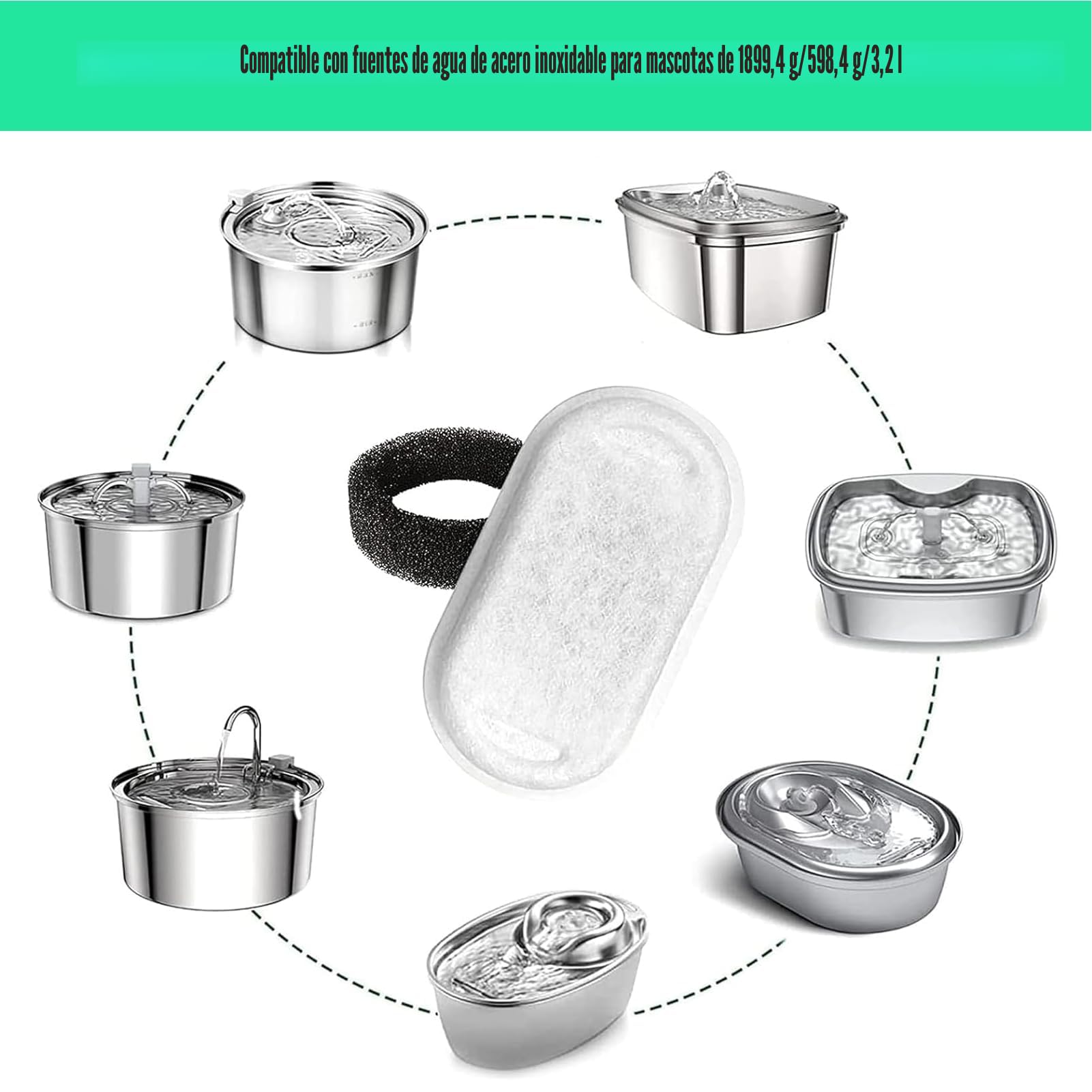 16 Filtros de Fuente de Agua para Gatos, Paquete de 8 Filtros de Fuente para Gatos de Repuesto con 8 Esponjas, para Dispensador de Agua de Acero Inoxidable para Mascotas de 2L/3.2L