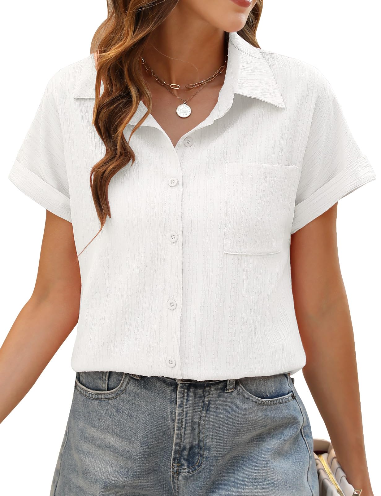 PASUDA Bluse Damen Sommer Elegant Hemdbluse Kurzarm Blusen Musselin Hemd Tunika Tops V-Ausschnitt Button-Down Sommer Oberteile Casual Basic Shirt mit Tasche Blusen