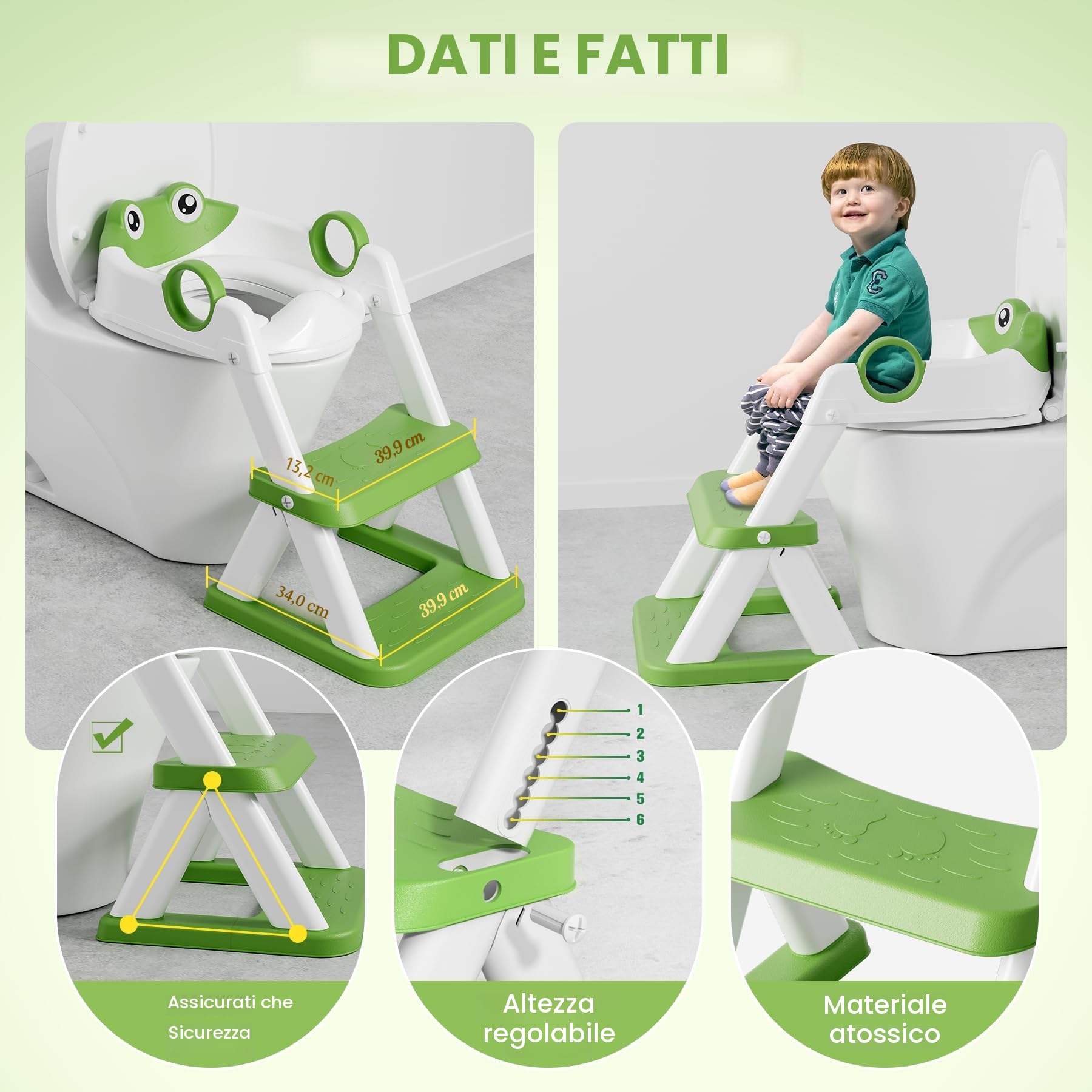 COOSEYA Riduttore Wc Bambini A Forma Di Rana,2 In 1 Vasino Con Scaletta Per Bambini Wc,Tappetino Impermeabile E Sgabello Antiscivolo,Verde