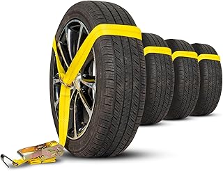 US Cargo Control Side Mount Wheel Nets with Ratchets and Flat Hooks (4-Pack), Lasso Tie Down Straps for Tire Sizes 14 Inches and More, 12,000 LBS Break Strength, Lasso Straps for Car Hauler