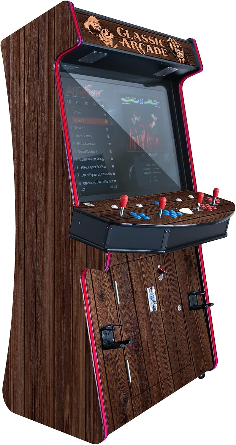 Creative Arcades Full-Size Commercial 4 Player TR-1 Slim Stand-Up Arcade with Trackball, 43" LCD, 6296 Games, Trackball, 2 Tall Stools (Light Gray, 6296 Games)