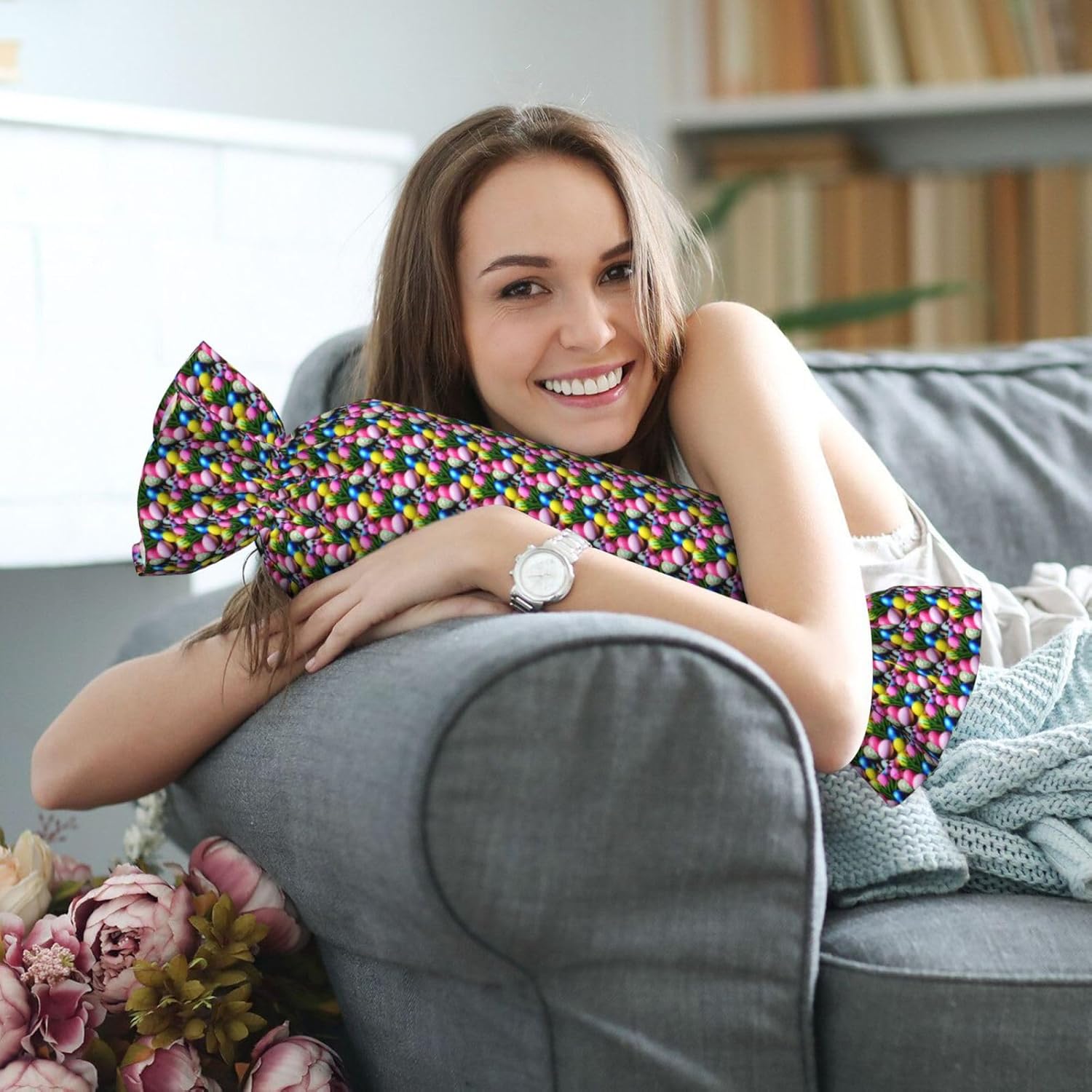 Colorful Easter Eggs Print Candy Cylindrical Eco-Friendly Pillow Soft Velvet Living Room Bedroom Travel Decor