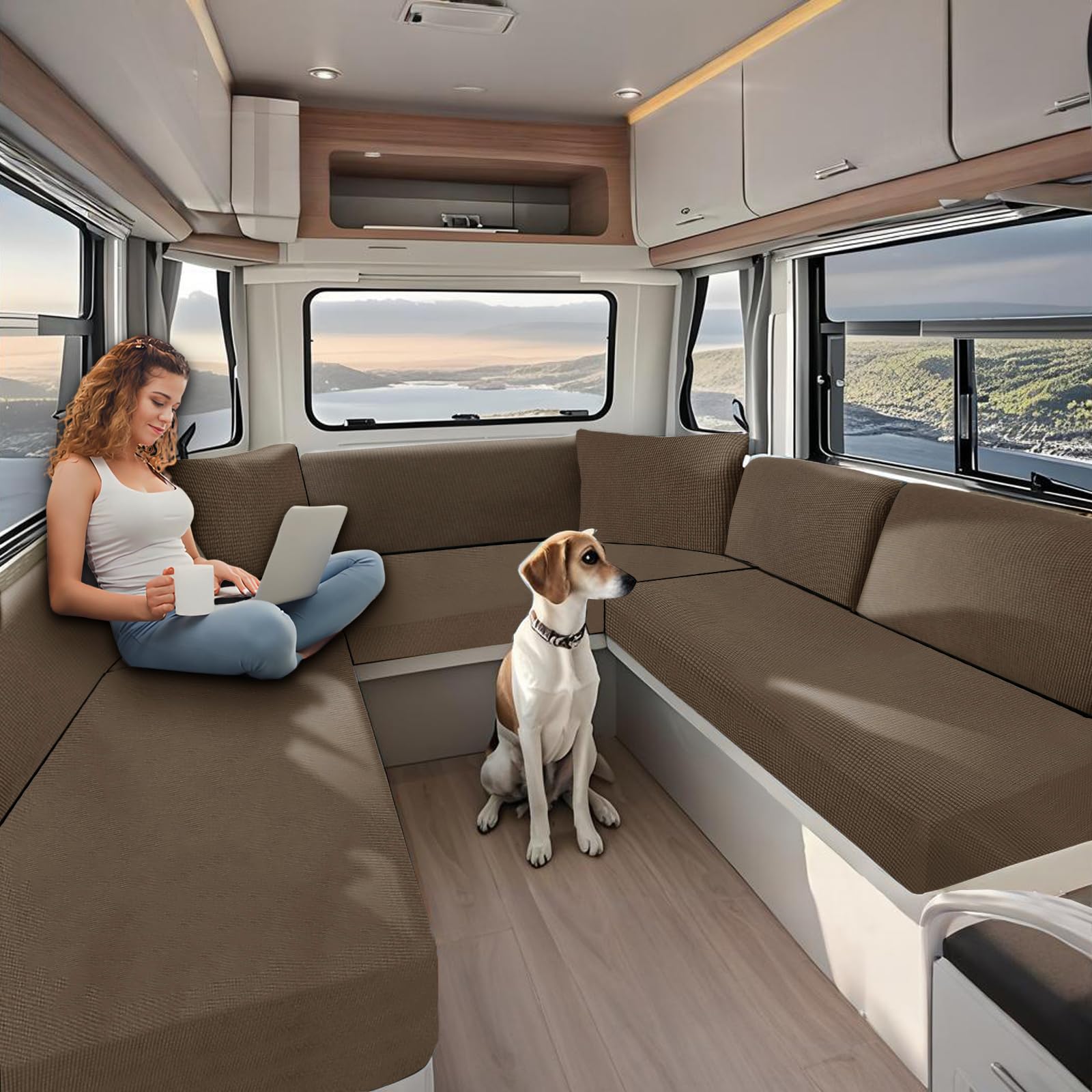 ZYXFYY Caravan Seat Cover Stretch Jacquard, Non-Slip RV Dinette Cushion Covers with Tie-up Straps, Couch Cushion Covers for Camper Sofa Bench (Camel,W