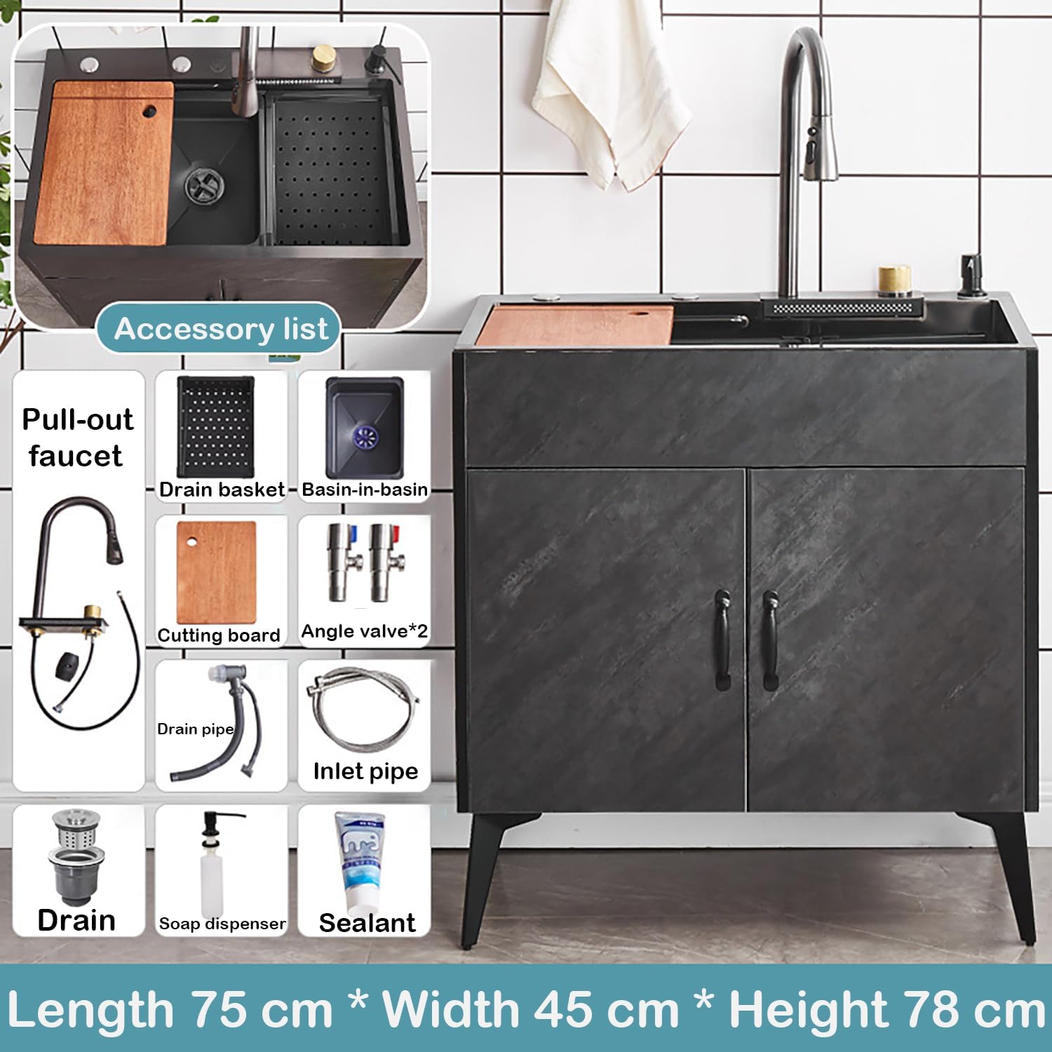 Freestanding Utility Sink Kitchen Sink And Cabinet Combo Stainless Steel Waterfall Kitchen Sinks with Pull-Out Faucet Nano-Coated Ready-To-Assemble All-In-One Utility Sinks,Black,75*45*78cm