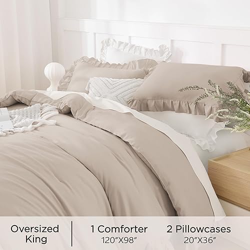 Miniatura 257 de Andency Juego de edredón beige tamaño King, 3 piezas estilo farmhouse shabby chic con volantes, ligero esponjoso suave de microfibra para todas