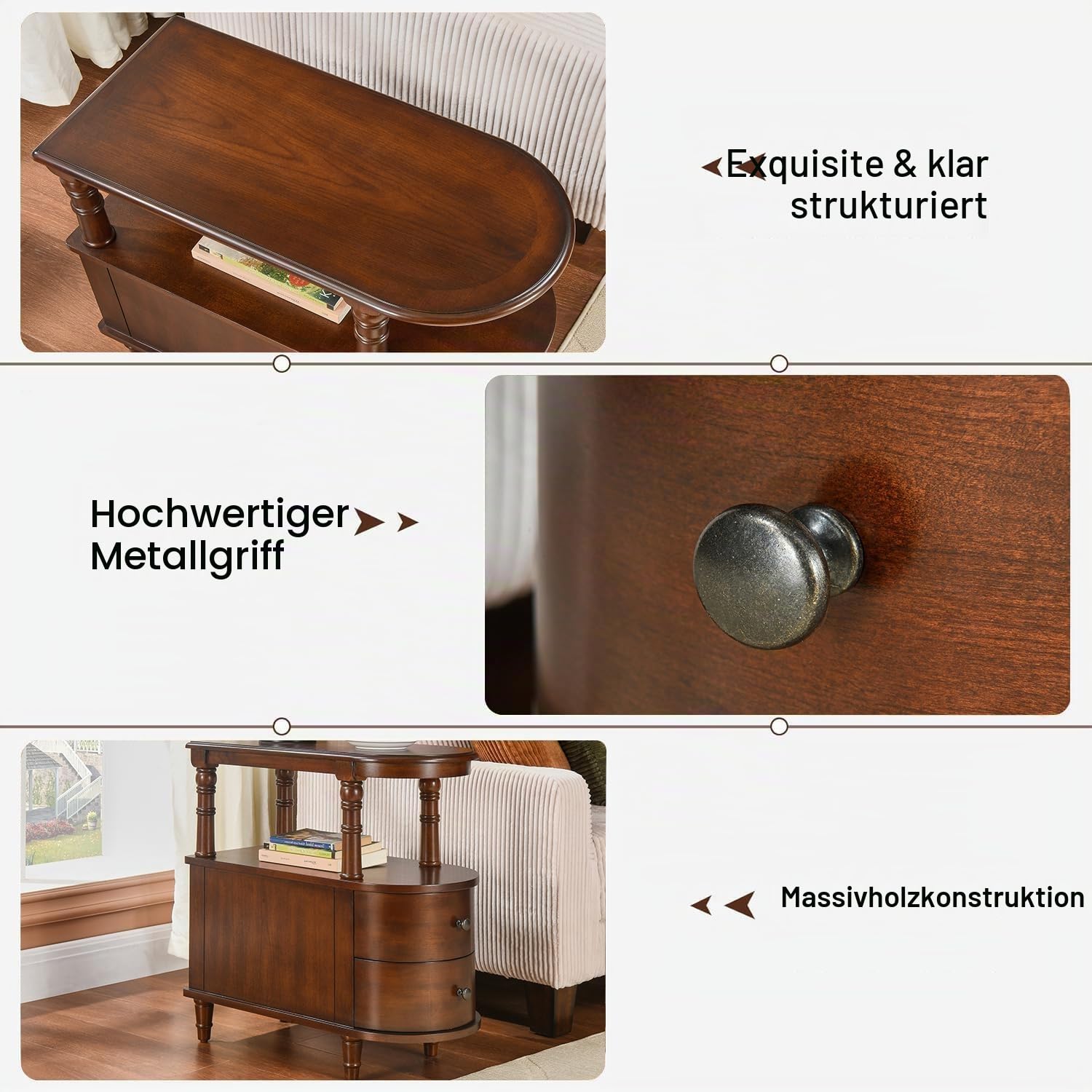 PADMA HOUSE Massivholz Beistelltisch mit 2 Schubladen, schmaler Wohnzimmertisch mit Aufbewahrungsregal, Vintage Slim Sofatisch, Kaffeetisch Kirsche Nussbaum (1, Braun)